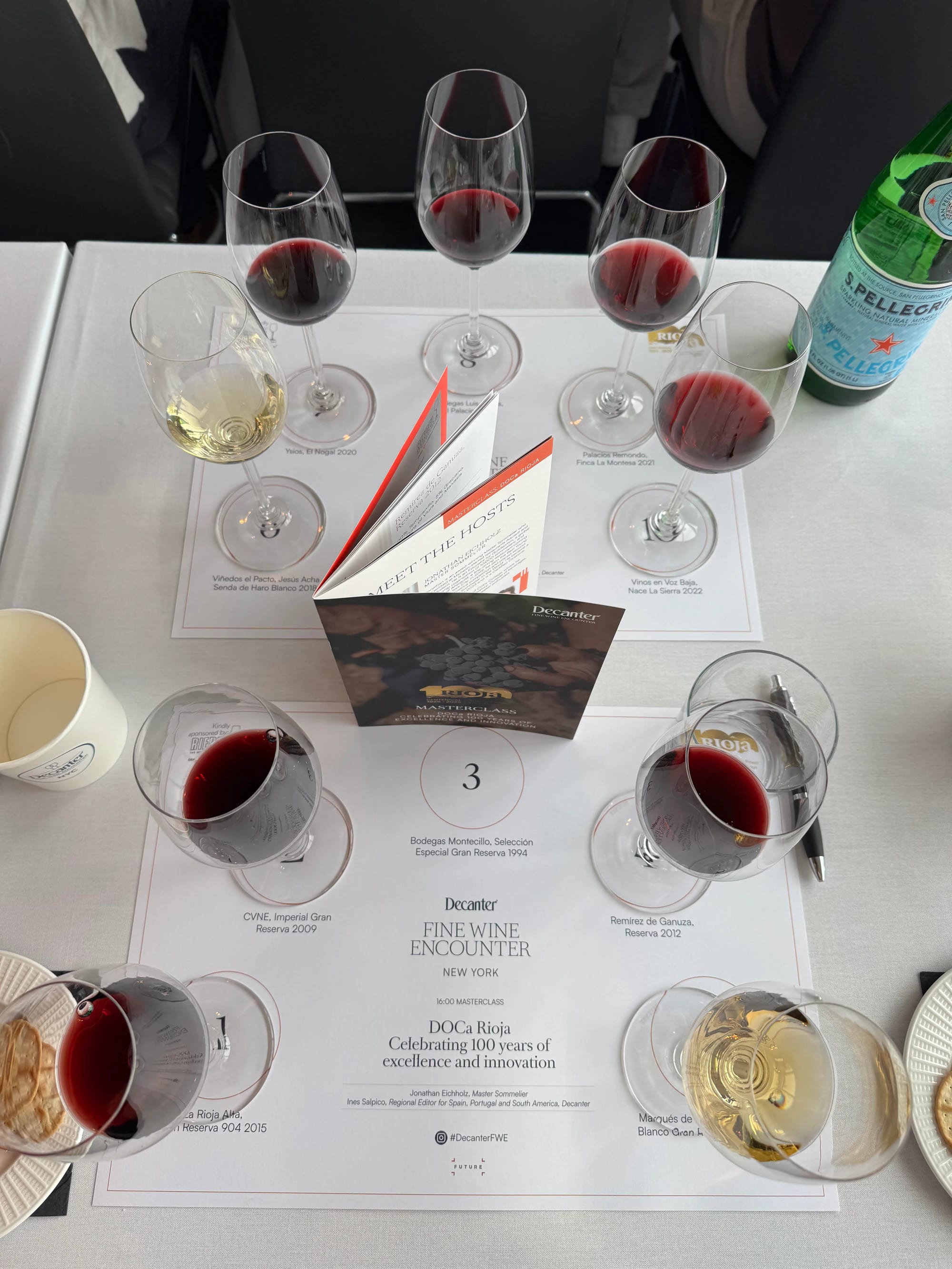 Wine glasses and tasting notes at a Decanter master tasting