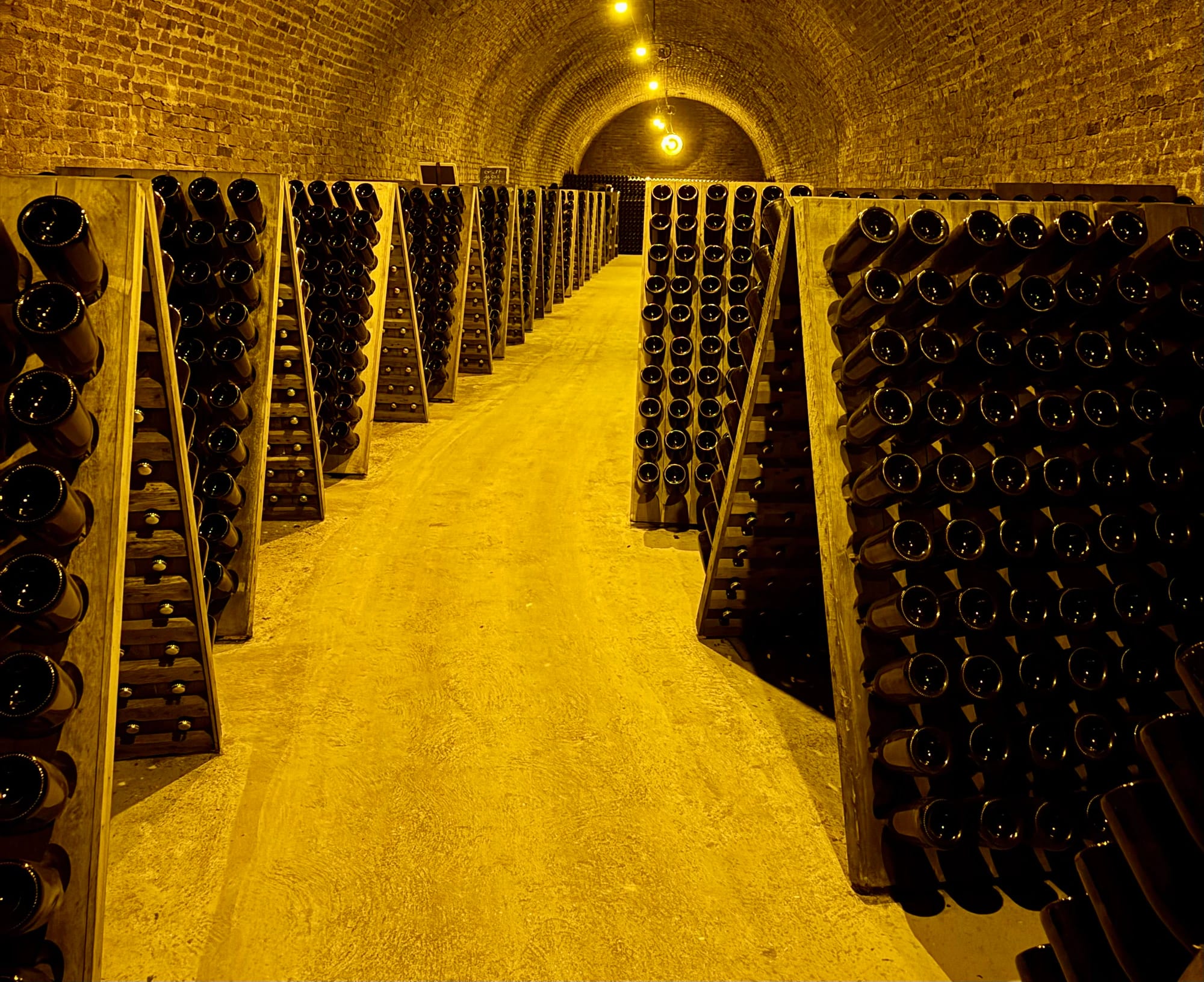 Bottles of Champagne resting in riddling racks