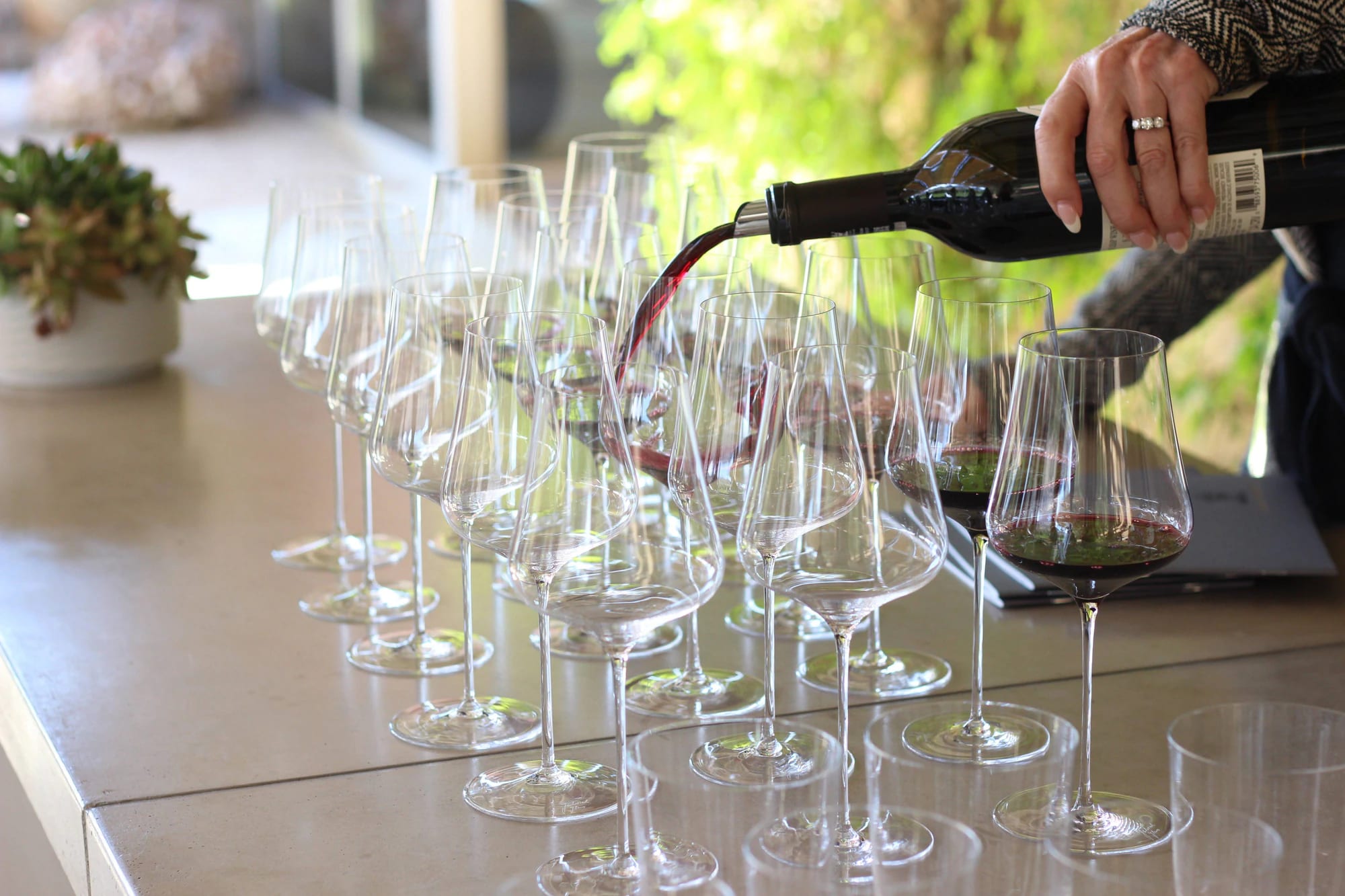 Wine poured into a long row of glasses